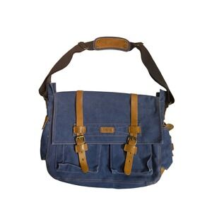 Gearonic Messenger Satchel Bag Blue Canvas Brown Leather Trim Men's Women's